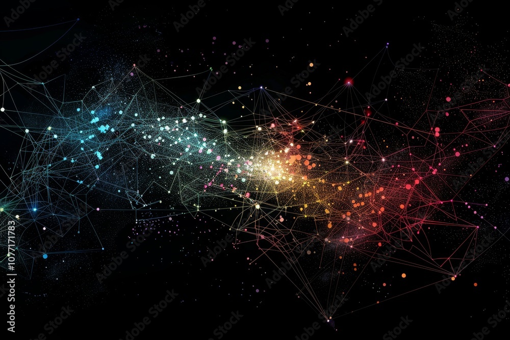 Poster Vibrant abstract background featuring intersecting lines and dots in various colors, Visual representation of data flow in a network
