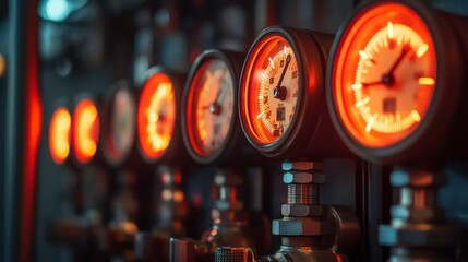 Close-up of vintage pressure gauges with glowing red lighting, showcasing intricate dials and knobs in a retro industrial setting.