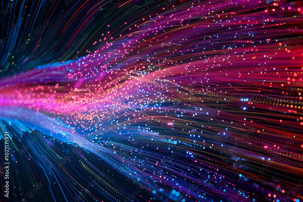 Poster Colorful background filled with intersecting lines and dots in a dynamic pattern, Visual representations of data packets in motion
