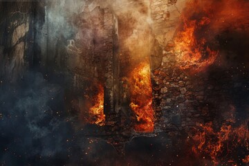 A fire blazing in a forest, engulfing trees and causing destruction, Walls collapsing under the intense heat of the fire