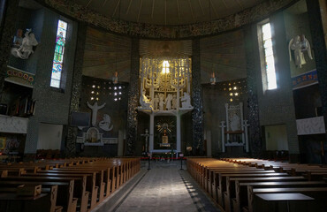 Interior of Church of Saints Cyril and Methodius (kościół Świętych Cyryla i Metodego). So-called Tree of Christianity in altar. Knurów, Poland.