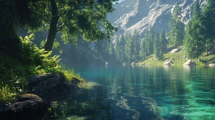Remote mountain lake, lush vegetation, pristine water, hidden beauty.