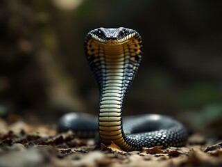 A close-up portrait of a cobra in a forest setting, with its hood flared, showing intricate patterns and scales