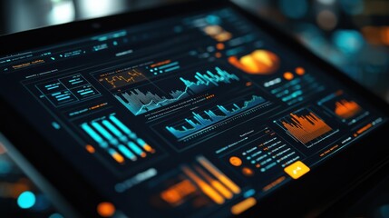 Obraz premium A sleek digital dashboard displaying various data visualizations, including graphs and charts, in a vibrant color scheme.