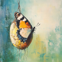 A butterfly emerges from its chrysalis, painted in a realistic style.