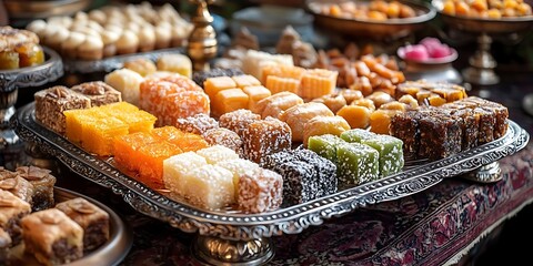 Fototapeta premium Assortment of Delicious Sweets and Candies on Silver Platter - Realistic Image