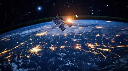 Satellite Orbiting Earth at Night with City Lights