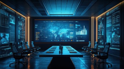 Fototapeta premium A modern command center with a large digital display showing global data, sleek tables, and chairs, illuminated by blue lighting, creating a high-tech atmosphere.
