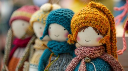 Handmade Knitted Dolls with Colorful Hats at Market Display