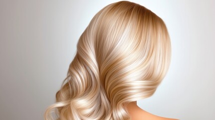 Fototapeta premium Glossy Blonde Hair with Soft Waves on Light Background, Haircare and Beauty