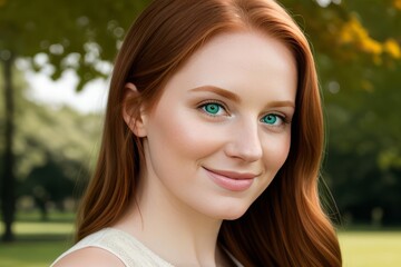 Obraz premium Young redhead woman in the park in spring. Enjoying the good weather