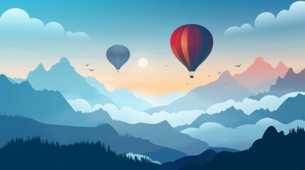 Fototapeta premium Scenic Hot Air Balloons Floating Over Majestic Mountain Landscape at Sunrise