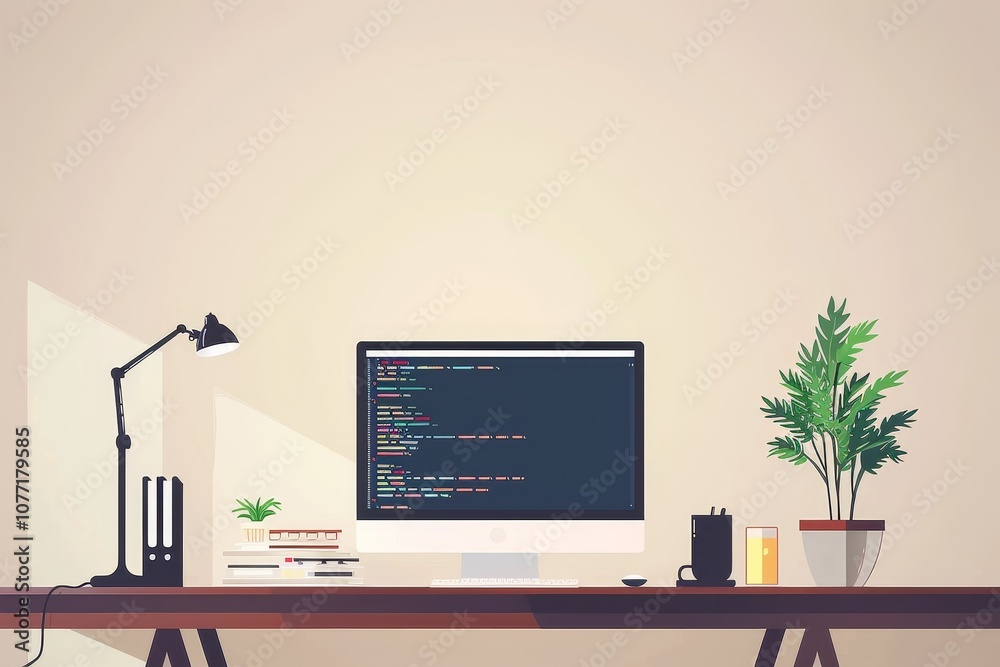 Poster a computer monitor placed on top of a wooden desk, web development. programming languages