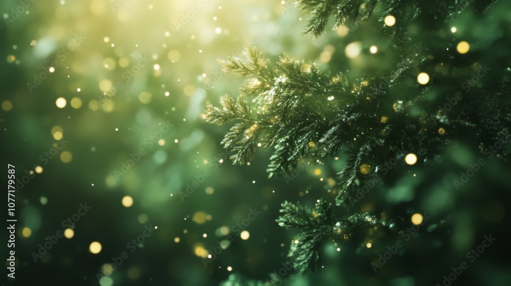 Poster evergreen branches glisten with golden lights and soft snowflakes falling gently during a winter eve