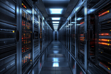 Fototapeta premium Moderner, großer Serverraum mit Rack-Systemen, Kabeln und technischer Ausstattung. Perfektes Stockfoto für Themen wie IT, Technologie, Cloud-Computing oder Rechenzentrum