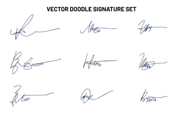 Set of autograph fictitious, handwritten fake signature. Isolated doodle on white background, vector illustration