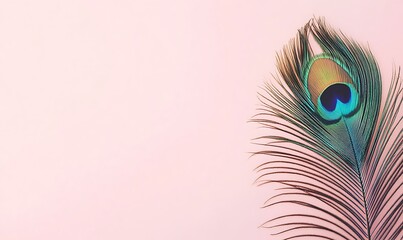 Obraz premium A single peacock feather displays its stunning hues of blue and green, elegantly positioned against a soft pastel green backdrop, highlighting its intricate details and beauty