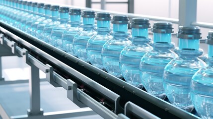Obraz premium Production and bottling of clean and healthy water in a bottled water production plant. Conveyor with bottles. 