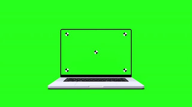 3d render of a laptop reveal and opening on a green background with a green screen with tracking marks with camera zoom