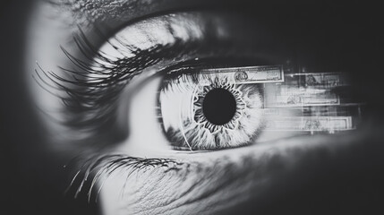 Fototapeta premium A close-up black and white image of an eye with money superimposed over it.