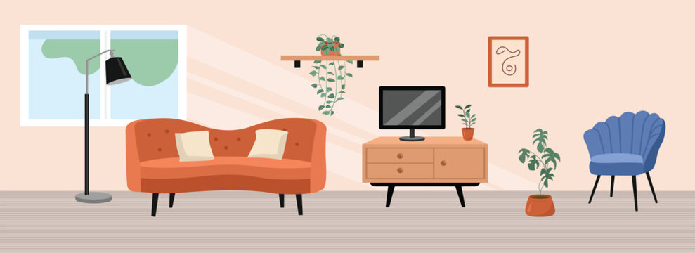 Home decoration. Living room design. Home interior. Living room interior. Sofa illustration. Cozy comport home. Bohemian style living room. Tv cabinet. 