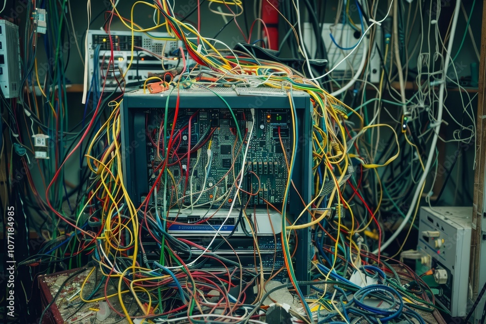 Aufkleber cluster of wires tangled around a computer in disarray, causing a malfunction, wires tangled in a me