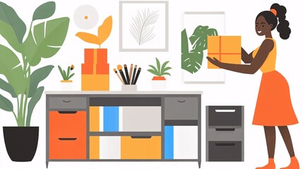 Fototapeta premium Stylish Home Office Decor with a Woman Organizing Plants, Art, and Storage Solutions in a Modern Workspace