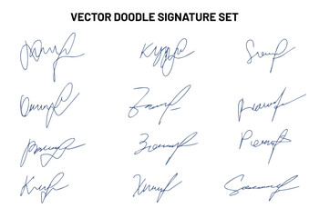 Set of autograph fictitious, handwritten fake signature. Isolated doodle on white background, vector illustration