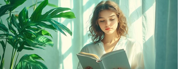 workspace scene with a blank smartphone and desktop display, notebooks, and pens - young professional reading a book in a minimalistic environment with plants and abstract decor  