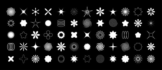 Black and white set of abstract retro geometric shapes in 70s groovy style. Contemporary collection of various bold and linear design elements: flowers, stars, spirals, swirls and other basic forms.	