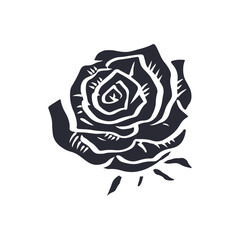 Hand drawn rose flower black silhouette isolated on white background. Minimalist bloom monochrome design.