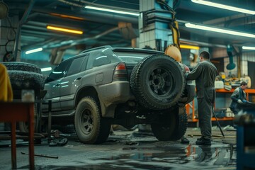 Fototapeta premium A man working on a car in a garage, focusing on replacing the tires of a large SUV, working together to replace the tires on a large SUV in a busy and noisy auto repair shop
