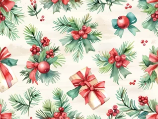 Fototapeten Tropische Blätter Christmas pattern of red and white items. The pattern includes a white box with a red ribbon, a red and white gift box, and a red and white tree  © Syed