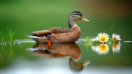 Fototapeta premium A mallard duck swims peacefully in a pond with white flowers.