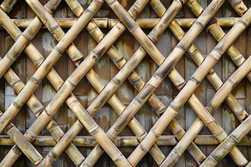 Detailed view of a woven bamboo fence, showing the intricate grid pattern up close, Woven bamboo lattice creating a striking grid pattern