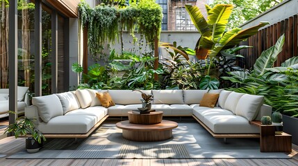 Fototapeta premium A stylish outdoor patio with a sectional sofa, a low coffee table, and a lush green backdrop featuring a variety of plants and trees