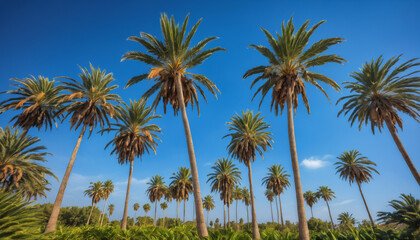 Fototapeta premium Palm trees and sky cinematic photo, clear day light, wide angle photo