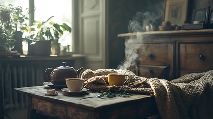 Muted winter tea setup with soft steam knit blankets rustic table warm tones