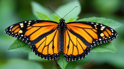 Naklejka premium A monarch butterfly with its wings spread wide, perched on a green leaf.