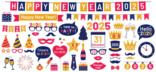 "Happy New Year 2025" banner, party props, hats, glasses, gift boxes, decoration, speech bubbles with greetings, fireworks, design elements, vector clip art