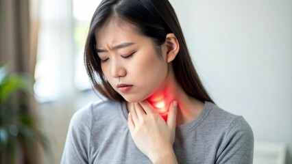 Throat Pain and Health Issues &ndash; Asian Woman Checking Sore Throat and Thyroid Gland Discomfort, Suffering from Acid Reflux or Illness at Home