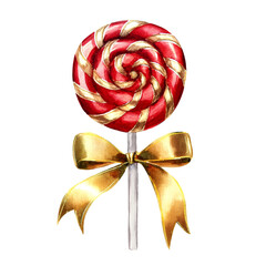 Fototapeta premium Watercolor red and gold Christmas lollipop with a gold ribbon. The candy cane is isolated on a white background. Perfect for xmas greeting cards and seasonal themed illustrations.
