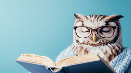An owl wearing glasses and a blue sweater reads a book against a blue background.