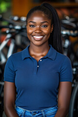 Naklejka premium Smiling African saleswoman wearing a blue polo shirt, assisting customers in a vibrant bike store.