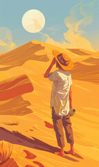 dehydrated person walking by sahara desert between dunes and seeking water, feeling thirsty and suffering