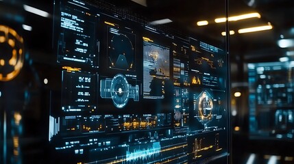 Obraz premium Futuristic digital interface with graphical data and code displayed on multiple screens