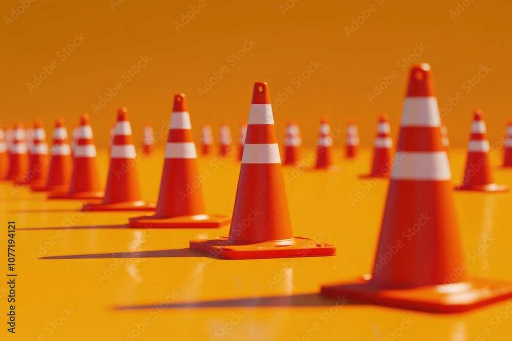 Aufkleber a row of orange and white traffic cones blocking a road, suitable for construction or event use