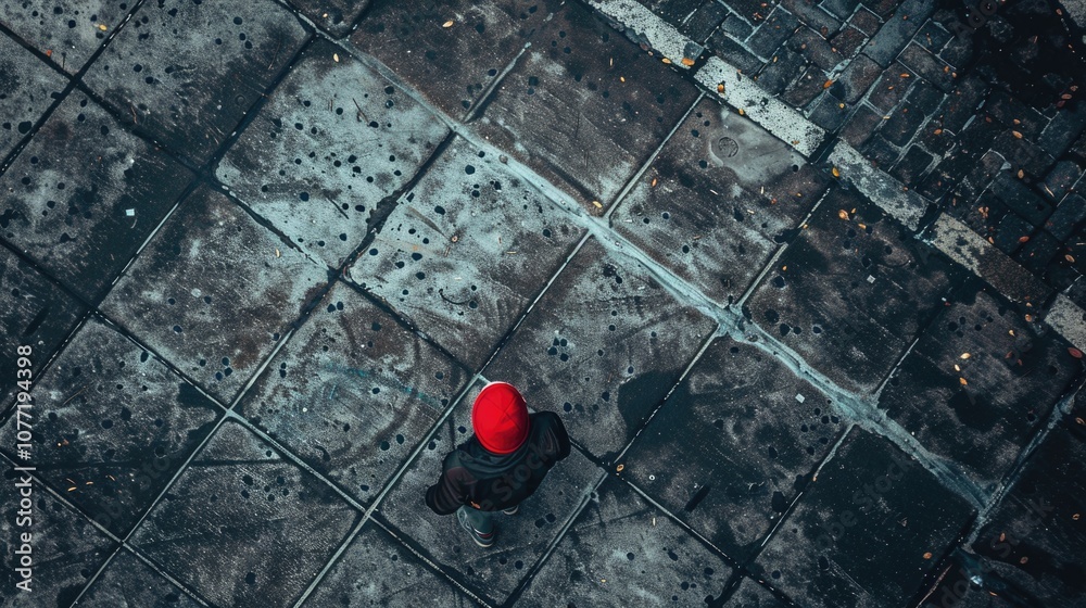 Poster a red fire hydrant situated on a sidewalk, ready for use in case of emergency