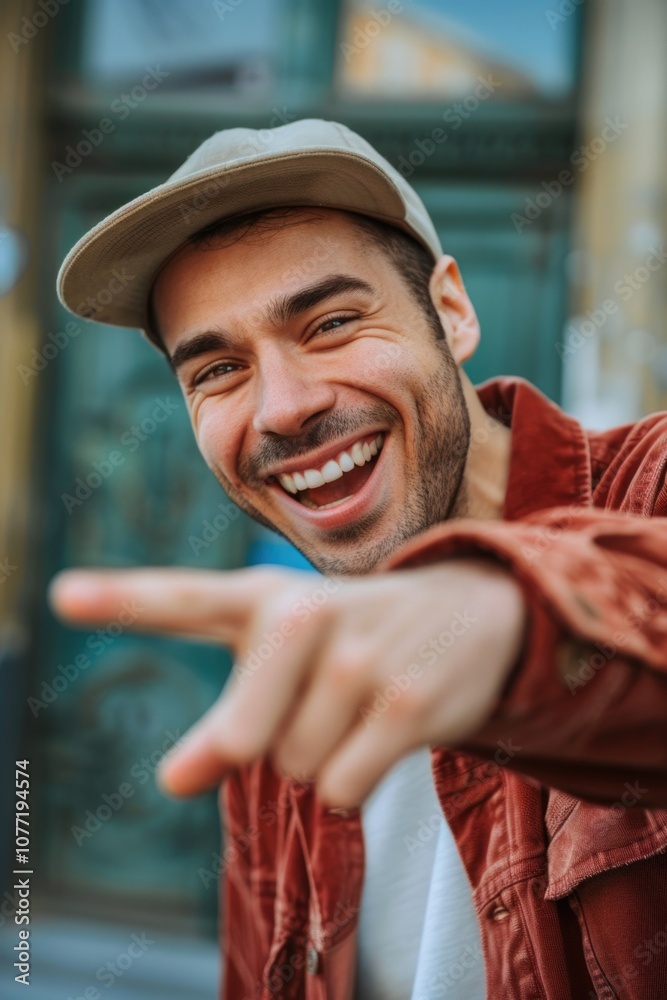 Poster a person wearing a hat points to the camera with his finger, capturing attention and directing focus