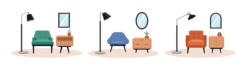 Fototapeta premium Living room 5 Fix.eDressing table illustration. Dressing room illustration. Cozy sofa. Mirror room. Styling room. Floor lamp illustration. 